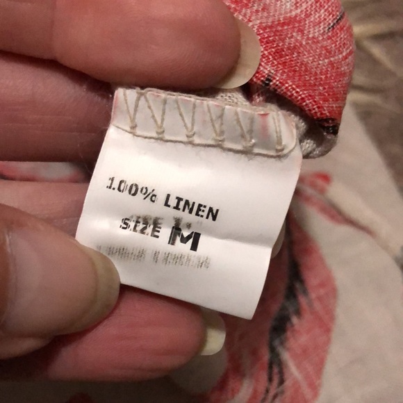 NWT Lina Tomei Linen Dress-Sz M-Beige and Red Floral Print-Wider Folded Collar - Picture 14 of 16